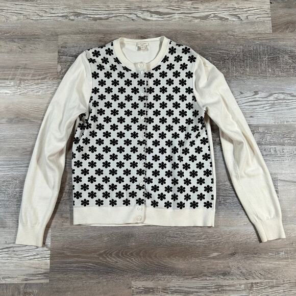 J.Crew Caryn Cardigan Cream Black Daisy Embroidered Sweater Cotton Medium - Picture 1 of 5